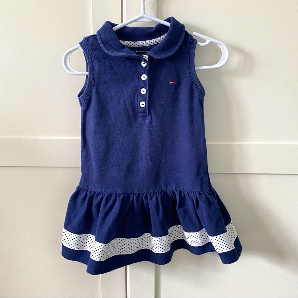 Tommy Hilfiger Navy Sleeveless Tennis Polo Dress with White Polka Dot Trim 18M